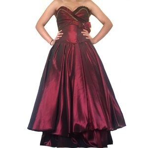Two Piece Cinched Maroon/Burgundy Corset Beaded Strapless Top w/ Matching Skirt